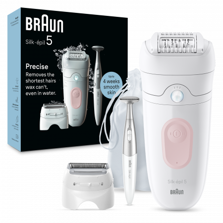 Epilator Braun Silk-épil 5 5-230 Wet & Dry, MicroGrip, Smart Light, 28 de pensete, 2 viteze, Trimmer Bikini + 5 accesorii, Cap de ras + Pieptene, Saculet de voiaj, Roz pal [1]