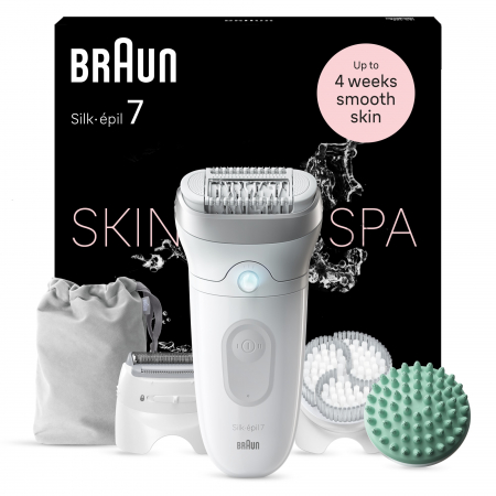 Epilatoare - Epilator Braun Silk-épil 7 7-081 SkinSpa, Wet & Dry, MicroGrip, Smart Light, 40 de pensete, 2 viteze, Cap de ras + Pieptene, Cap pentru exfoliere, Cap pentru masaj, Saculet de voiaj, Alb/Gri