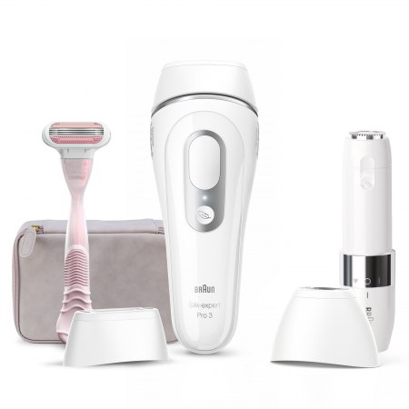 Epilator IPL Braun Silk-expert PRO 3 PL3139 Senzor automat & continuu Skin pro, 300.000 impulsuri, 3 niveluri de intensitate, 100 de impulsuri pe minut, cap de precizie, Trusa de voiaj, Aparat de ras Venus, Mini epilator facial, Alb [2]