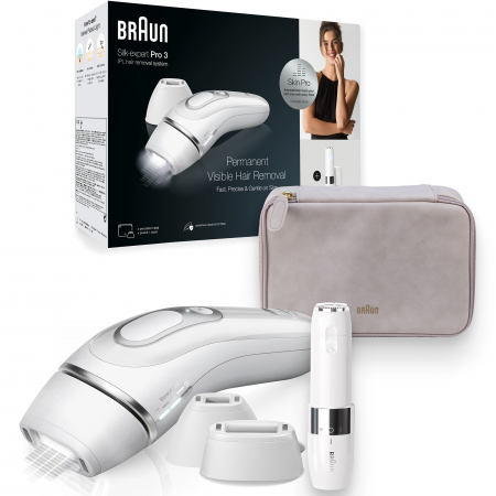 Epilatoare - Epilator IPL Braun Silk-expert PRO 3 PL3139 Senzor automat & continuu Skin pro, 300.000 impulsuri, 3 niveluri de intensitate, 100 de impulsuri pe minut, cap de precizie, Trusa de voiaj, Aparat de ras Venus, Mini epilator facial, Alb