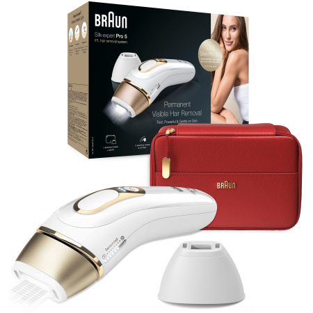 Epilatoare - Epilator IPL Braun Silk-expert PRO 5 PL5160 Senzor automat & continuu Skin pro 2.0, 400.000 impulsuri, 10 niveluri de intensitate, 125 de impulsuri pe minut, cap de prezizie, Trusa de voiaj, Alb/Auriu