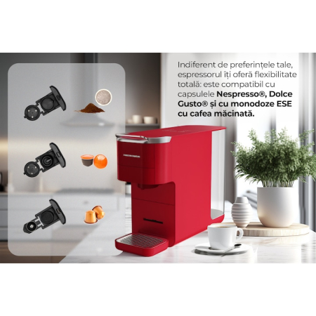 Espressor cu capsule 4 in 1 Heinner HEMC-DD15RED, 1525 W, Rezervor 1.5 l, Ecran digital si control tactil, Compatibil cu Nespresso, Dolce Gusto, Ese Pods/Cafea pudra, Cafea macinata, Rosu [4]