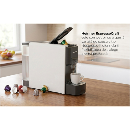 Espressor cu capsule Heinner Espressocraft HEMC-DD20WHBK, 1140 W, Compatibil Nespresso, 20 bar presiune, Rezervor apa 0.6l, Durata incalzire 40s, Sistem control temperatura, Temperatura cafea: 72-84°C, Oprire automata, Alb/Negru [4]