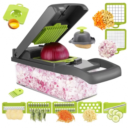 Feliatoare - Feliator de Legume 13 in 1, multifunctional, 8 taieturi, accesorii pentru tocat, maruntit, feliat, julienne, separator de oua, lame de inox, 28 x 13 cm, verde