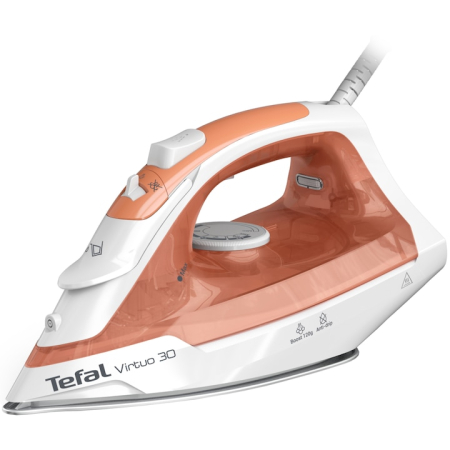 Fiare de calcat - Fier de calcat cu abur Tefal Virtuo FV2C40E0, 2000 W, 120 g/min, 0.24 l, Talpa ceramica, Calcare verticala, Sistem antipicurare, Alb/Portocaliu