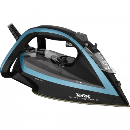 Fiare de calcat - Fier de calcat Tefal Turbo Anti-Calc FV5695E1, 3000W, jet de abur 270 g/min, abur variabil 0-50 g/min, rezervor apa 300ml, talpa Durilium AirGlide Autoclean, colector anticalcar, oprire automata, negru/albastru