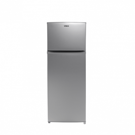 Frigidere - Frigider cu doua usi VIVAX DD-207E S, 204L, Clasa E, Termostat reglabil, Iluminare LED, Usi reversibile, Suprafata painted metal, 3 Rafturi de Sticla securizata, H 143 cm, Argintiu