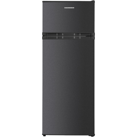 Frigidere - Frigider cu doua usi Heinner HF-H2206DGE++, 206 l, Clasa E, Control mecanic cu termostat ajustabil, Lumina LED, Trei rafturi din sticla, Compartiment fructe si legume, H 143 cm, Gri antracit texturat