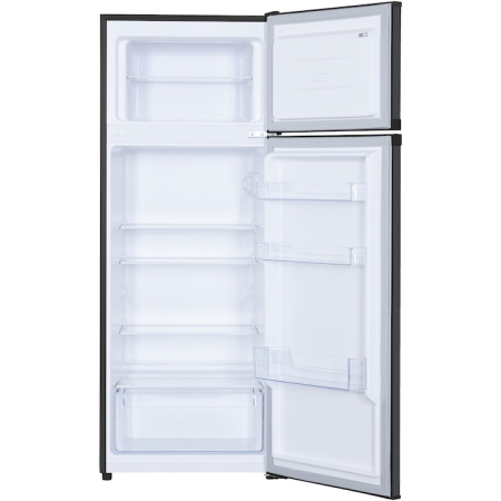 Frigider cu doua usi Heinner HF-H2206DGE++, 206 l, Clasa E, Control mecanic cu termostat ajustabil, Lumina LED, Trei rafturi din sticla, Compartiment fructe si legume, H 143 cm, Gri antracit texturat [1]