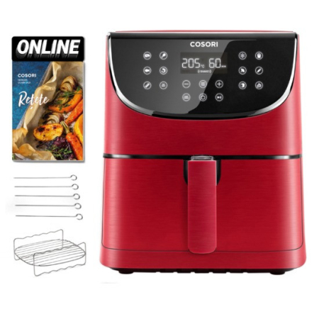 Friteuze - Friteuza cu aer cald, fara ulei, Cosori Air Fryer, Ecran digital, 11 functii de gatire presetate, 1 Grilaj pentru frigarui si 5 Frigarui, Capacitate 5.5 litri, 1700W, Rosu