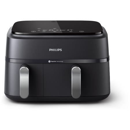 Friteuze - Friteuza dubla fara ulei Philips Airfryer Seria 3000 NA351/00, tehnologia Rapid Air, 2 recipiente de 2 dimensiuni, afisaj digital, 8 presetari, capacitate 9 litri, cronometru, compatibila cu HomeID