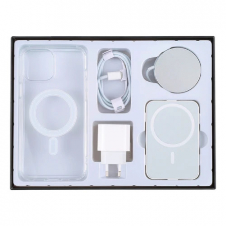 Telefoane mobile - Cutie cu accesorii pentru telefon , husa transparenta, cablu incarcare, incarcator, casti, incarcator wireless, baterie wireless, alb