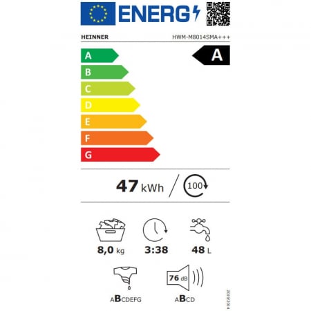 Masina de spalat rufe slim Heinner HWM-M8014SMA+++, 8 kg, 1400 rpm, Clasa A, Motor inverter, Display digital, Blocare acces copii, Program Hygine 90°C, Alb [1]