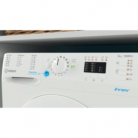Masina de spalat rufe slim Indesit INNEX BWSA 51051 W EUN, 5 kg, 1000 rpm, Clasa F, Push&Go, Motor Universal, Display LED+, Alb [1]