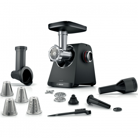Electrocasnice mici - Masina de tocat carne Bosch MFWS440B, 1900 W, 2,5kg/min, cutit cu 2 taisuri, accesoriu inclus pentru carnati / umplut legume si kebbe,negru