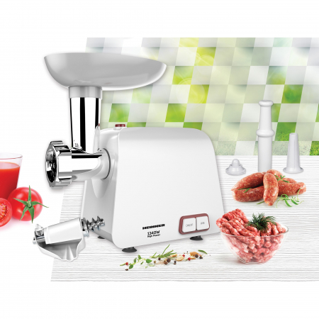 Masina de tocat Heinner Pearl 1340 MG-1340WH, 1340 W, accesoriu de rosii si carnati, cutit din inox, functie Reverse, 2 site de tăiere, capacitate de tocare 1,2 kg/min, Alb [1]