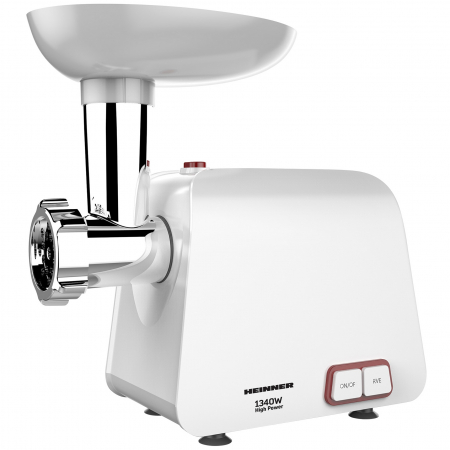 Masini de tocat - Masina de tocat Heinner Pearl 1340 MG-1340WH, 1340 W, accesoriu de rosii si carnati, cutit din inox, functie Reverse, 2 site de tăiere, capacitate de tocare 1,2 kg/min, Alb
