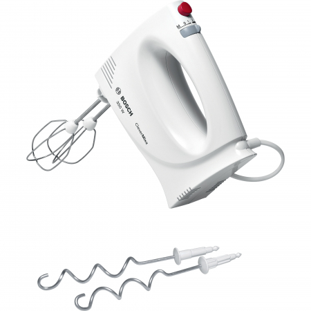 Mixere - Mixer de mana Bosch MFQ3030, 350W, 4 trepte de viteza+turbo, Accesorii: 2 spirale, 2 teluri
