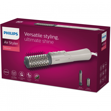 Perie rotativa cu aer cald Philips Seria 7000 BHA710/00, 1000W, ingrijire cu ioni, 2 accesorii, setare temperatura de ingrijire, peri naturali, invelis ceramic din turmalina, Alb/crem [6]