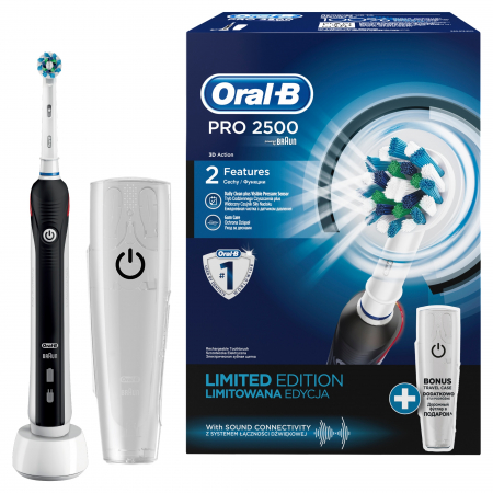 Ingrijire personala - Periuta de dinti electrica Oral-B PRO 2500 Cross Action + Travel Case, reincarcabila, curatare 3D, 2 programe, 1 capat, Negru, suport de calatorie inclus