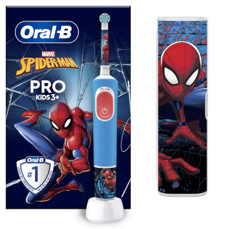 Periute de dinti electrice - Periuta de dinti electrica Oral-B Pro Kids Spiderman pentru copii, Curatare 2D, 2 programe, 1 capat, 4 autocolante, trusa de calatorie, Albastru