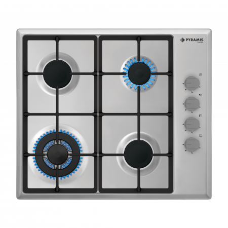 Plite incorporabile - Plita Gaz Pyramis SMARTLINE SH 760, 4 arzatoare, gratare fonta, arzator wok, inox
