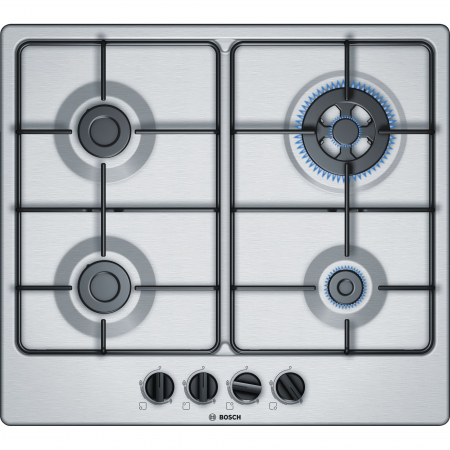 Resigilate - Plita incorporabila Bosch PGH6B5B80, Gaz, 4 arzatoare, Arzator economic, Arzator wok, 60 cm, Inox - RESIGILAT
