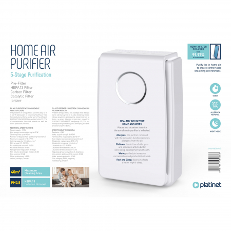 Purificator de aer Platinet 45068, 45W, 218m³/ora, cu ionizare, 4 nivele de filtrare, 20-59db, filtru HEPA 13 [6]