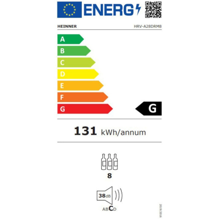 Racitor de vinuri Heinner HRV-A28DRM8, 28 l / 8 sticle, Clasa G, Display digital, Control tactil, Interval setare temperatur 5~20°C, Lumina led, 3 rafturi cromate, Usa reversibila, Usa cu geam dublu, Negru [1]