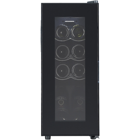 Racitoare Vinuri - Racitor de vinuri Heinner HRV-A28DRM8, 28 l / 8 sticle, Clasa G, Display digital, Control tactil, Interval setare temperatur 5~20°C, Lumina led, 3 rafturi cromate, Usa reversibila, Usa cu geam dublu, Negru