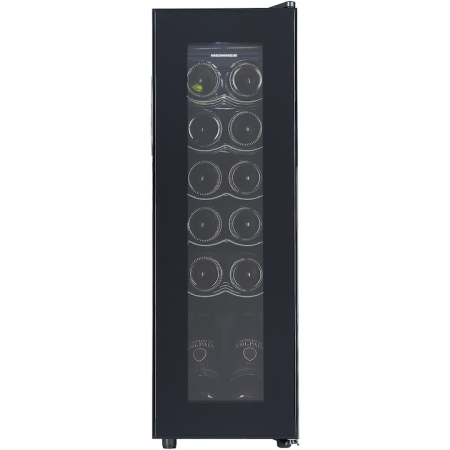 Racitoare Vinuri - Racitor de vinuri Heinner HRV-A45DRM12, 45 l / 12 sticle, Clasa G, Display digital, Control tactil, Interval setare temperatur 5~20°C, Lumina led, 5 rafturi cromate, Usa reversibila, Usa cu geam dublu, Negru