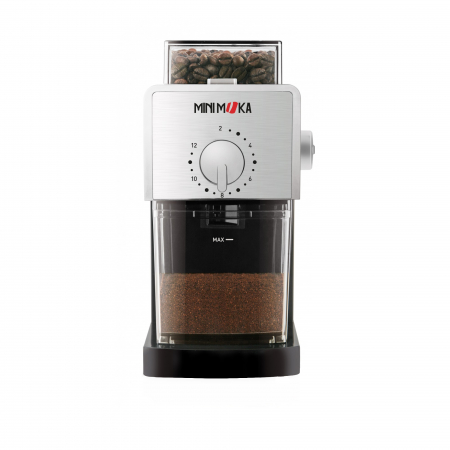 Rasnite de cafea - Rasnita de cafea Minimoka, 110 W, 180 g, macinare reglabila, cutit inox, freze plane, protectie pornire accidentala, carcasa inox, Argintiu/Negru