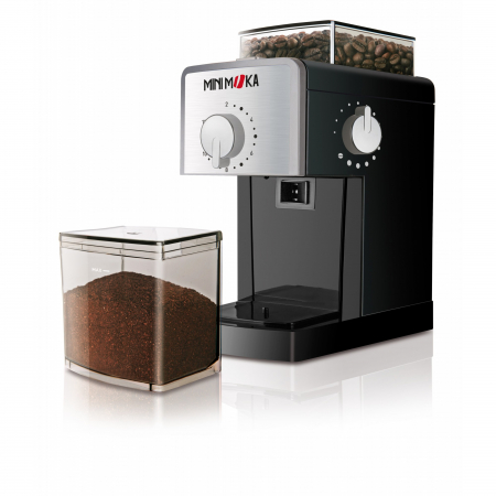 Rasnita de cafea Minimoka, 110 W, 180 g, macinare reglabila, cutit inox, freze plane, protectie pornire accidentala, carcasa inox, Argintiu/Negru [2]