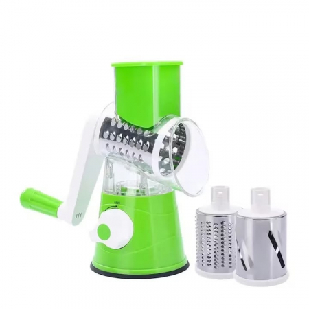 Ustensile gatit - Razatoare multifunctionala pentru legume, fructe, cu maner rotativ, 3 lame interschimbabile, verde