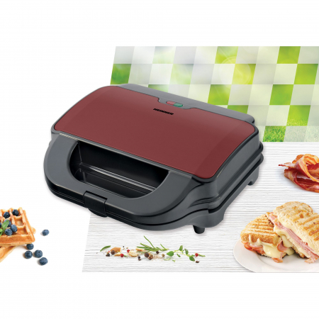 Sandwich maker Heinner SM-2H900BKS, 900 W, placi XL, 2 placi detasabile antiadezive: waffle, grill, Negru/Rosu [2]