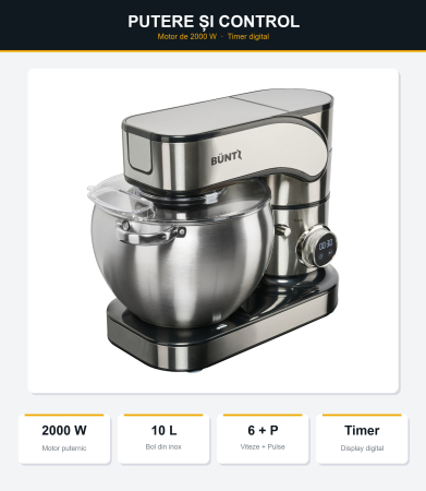 Robot de bucatarie Buntz BMP-2000SL, 2000 W, Bol 10 L Inox, 6 Viteze, Functie Pulse, display Tactil, Mixer, Tocator si Blender, Inox [3]