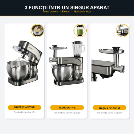 Robot de bucatarie Buntz BMP-2000SL, 2000 W, Bol 10 L Inox, 6 Viteze, Functie Pulse, display Tactil, Mixer, Tocator si Blender, Inox [2]