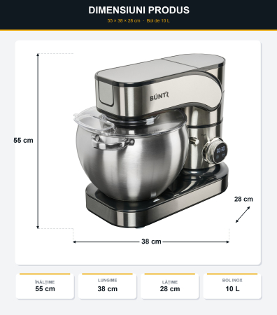 Robot de bucatarie Buntz BMP-2000SL, 2000 W, Bol 10 L Inox, 6 Viteze, Functie Pulse, display Tactil, Mixer, Tocator si Blender, Inox [6]