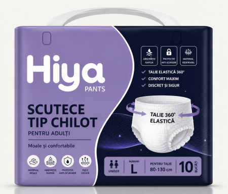 Scutece tip chilot pentru adulți HIYA Adult Pants, 10 bucăți/pachet, absorbție ridicată, talie elastică 360°, unisex, marime L [0]