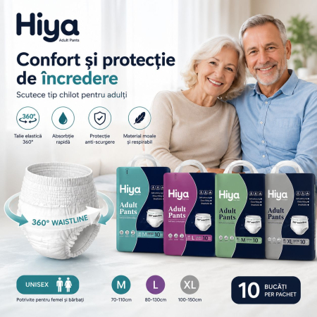 Scutece tip chilot pentru adulți HIYA Adult Pants, 10 bucăți/pachet, absorbție ridicată, talie elastică 360°, unisex, marime L [1]
