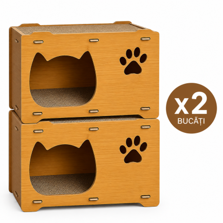 Custi - Set 2 casute din MDF pentru pisici cu placi de zgariat si terasa, Buntz, pentru interior, 44x28.5x30.5cm, Maro