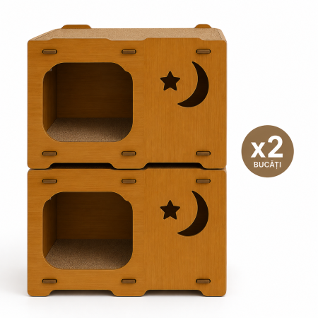 Custi - Casuta din MDF pentru pisici cu placi de zgariat si terasa, Buntz, pentru interior, 59x28.5x35cm, Maro
