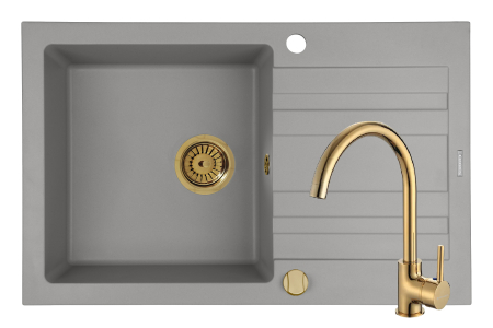 CHIUVETE - Set chiuveta granit NAXOS 79x50 1B 1D Grey si baterie ECO BELLO Gold