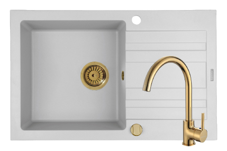 CHIUVETE - Set chiuveta granit NAXOS 79x50 1B 1D White si baterie ECO BELLO Gold