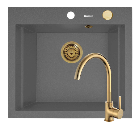 CHIUVETE - Set chiuveta granit SIROS 57x51,5 1B Grey si baterie ECO BELLO Gold