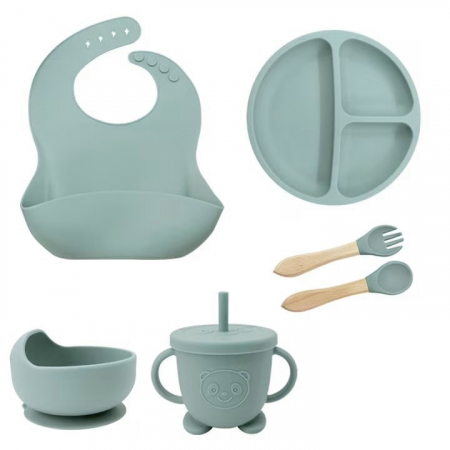 Accesorii mancare bebelusi - Set hranire bebelusi si copii, pentru diversificare din silicon, 6+ luni, farfurie, bol, bavetica, tacamuri, Albastru