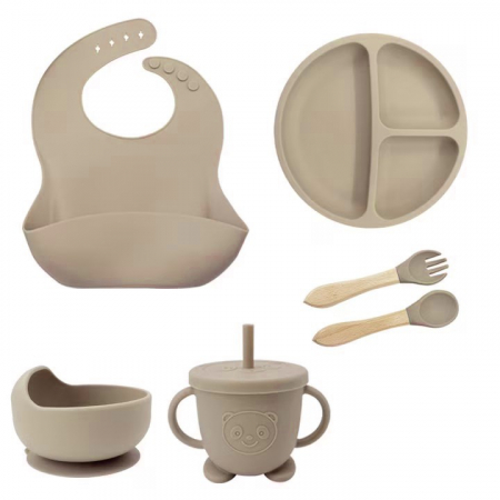Accesorii mancare bebelusi - Set hranire bebelusi si copii, pentru diversificare din silicon, 6+ luni, farfurie, bol, bavetica, tacamuri, Crem