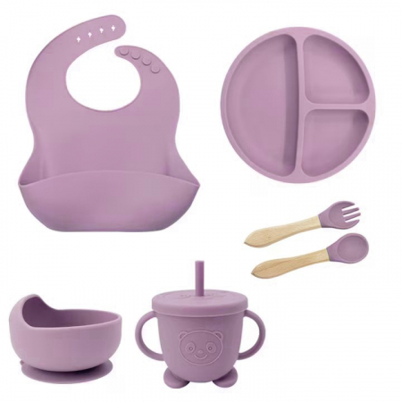 Accesorii mancare bebelusi - Set hranire bebelusi si copii, pentru diversificare din silicon, 6+ luni, farfurie, bol, bavetica, tacamuri, Mov