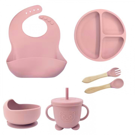 Accesorii mancare bebelusi - Set hranire bebelusi si copii, pentru diversificare din silicon, 6+ luni, farfurie, bol, bavetica, tacamuri, Roz bombon