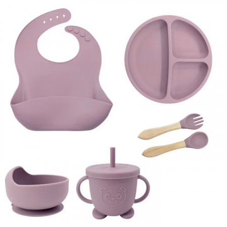 Accesorii mancare bebelusi - Set hranire bebelusi si copii, pentru diversificare din silicon, 6+ luni, farfurie, bol, bavetica, tacamuri, Roz pal